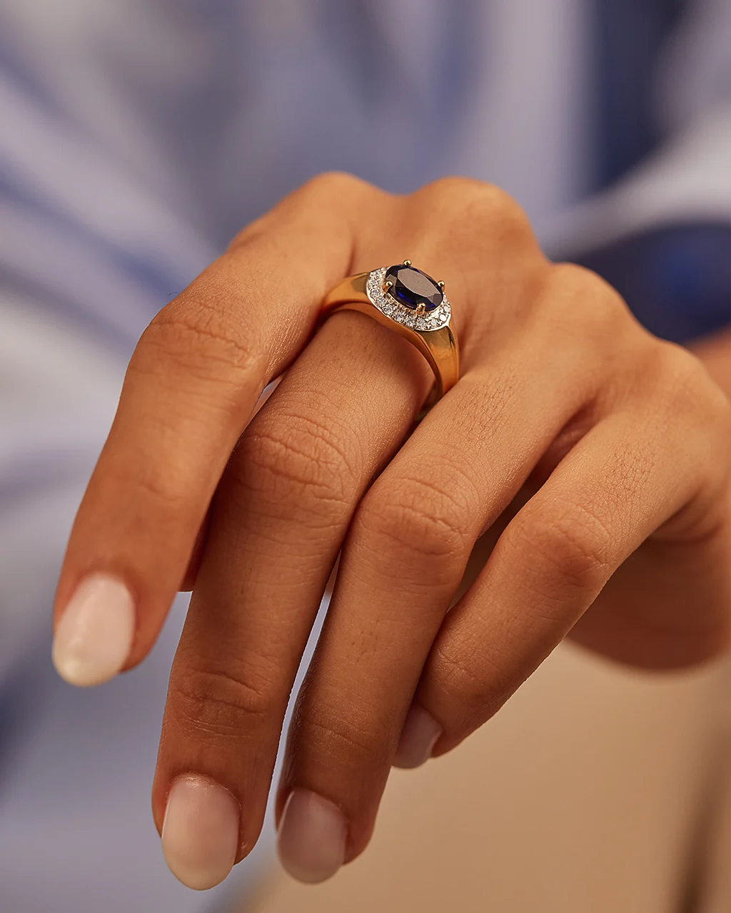Created Blue Sapphire Signet Diamond Ring - Image 4