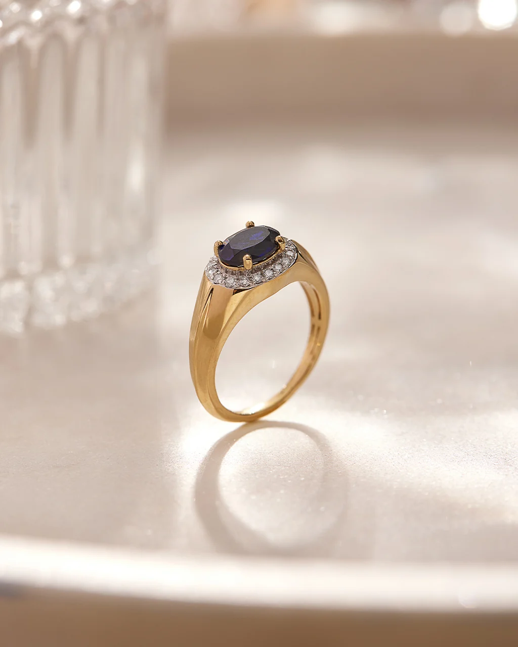 Created Blue Sapphire Signet Diamond Ring - Image 6