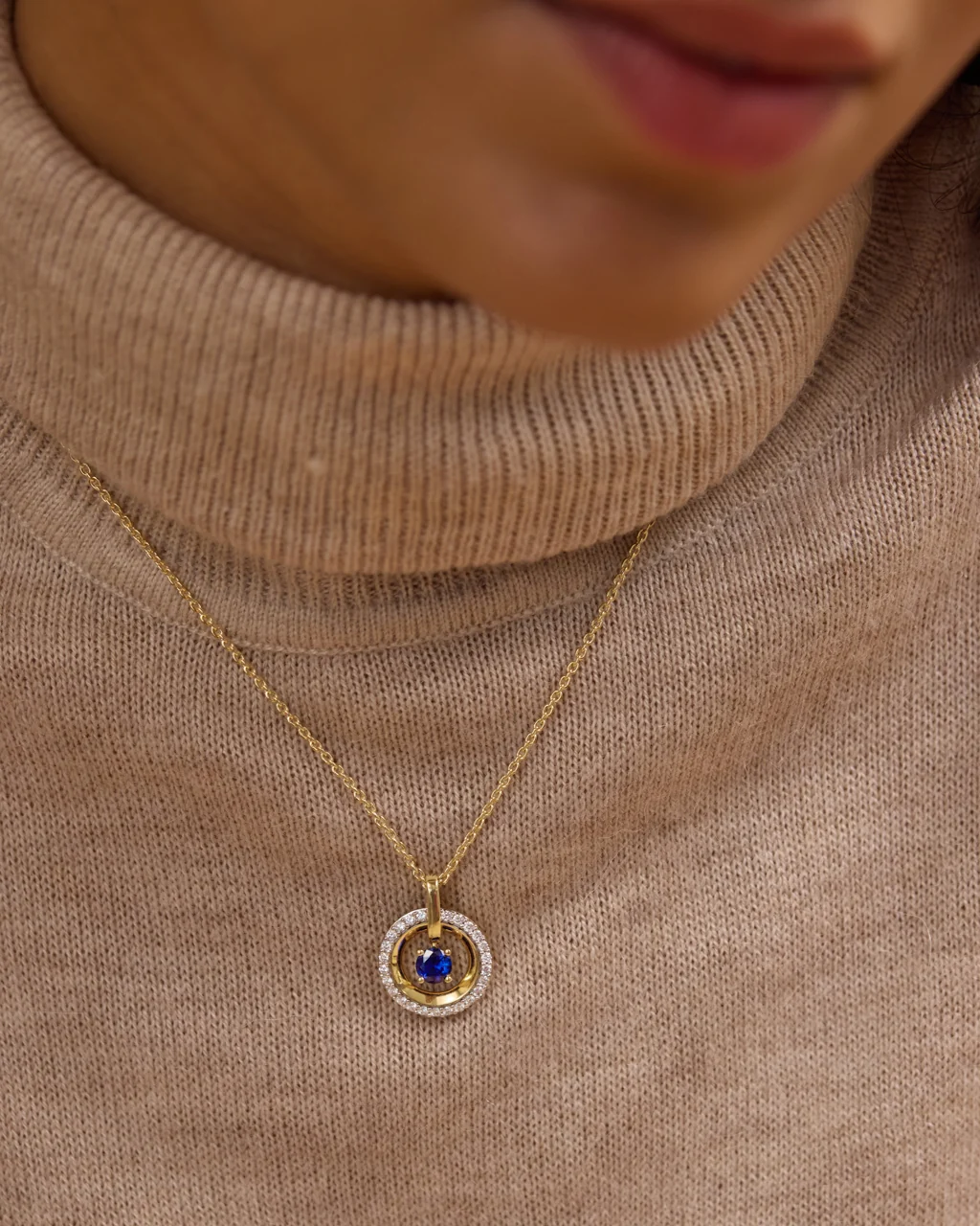 Halo Diamond and Created Sapphire Necklace - Image 2