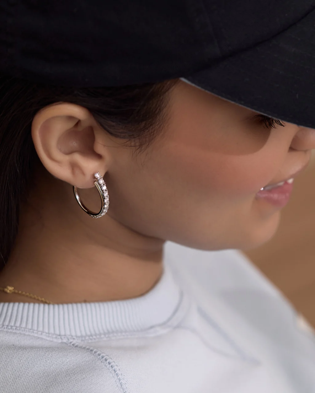 Minimal Diamond Medium Hoop Earrings - Image 2